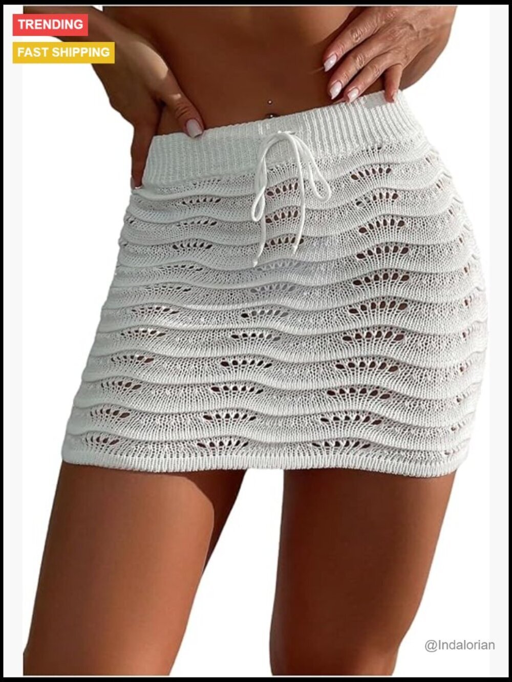 Women's Crochet Knit Drawstring Waist High Rise Mini Swim Skirt Cover Up